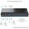 StarTech.com USB Hub - USB 3.2 Gen 1 (3.1 Gen 1) Type-B - DIN Rail/Surface/Rack Mountable - Black - 16 Total USB Port(s)